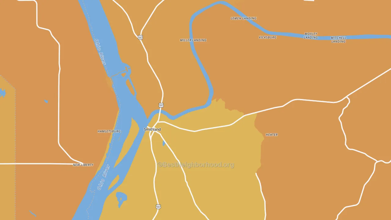Map of the best neighborhoods in the 42081 area, with better matches in green and worse matches in red