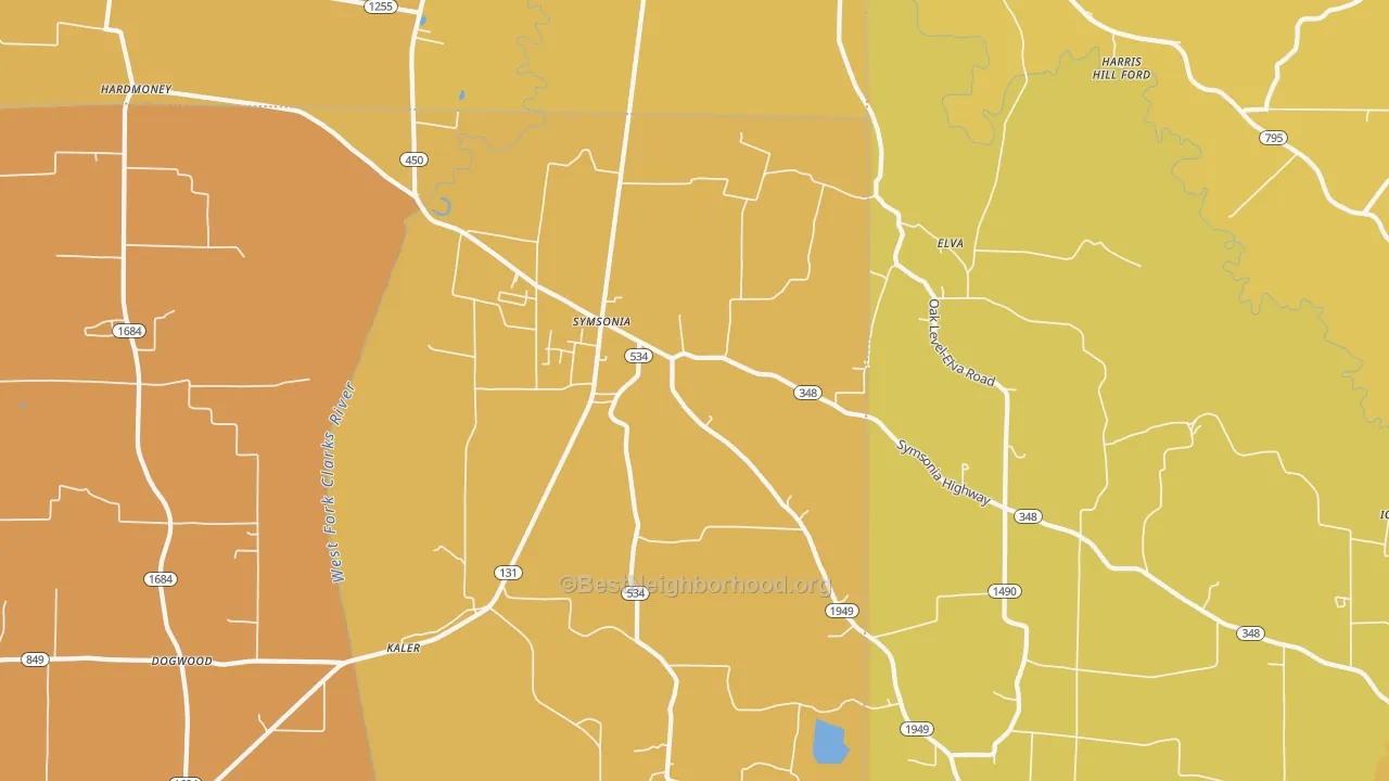 Map of the best neighborhoods in the 42082 area, with better matches in green and worse matches in red