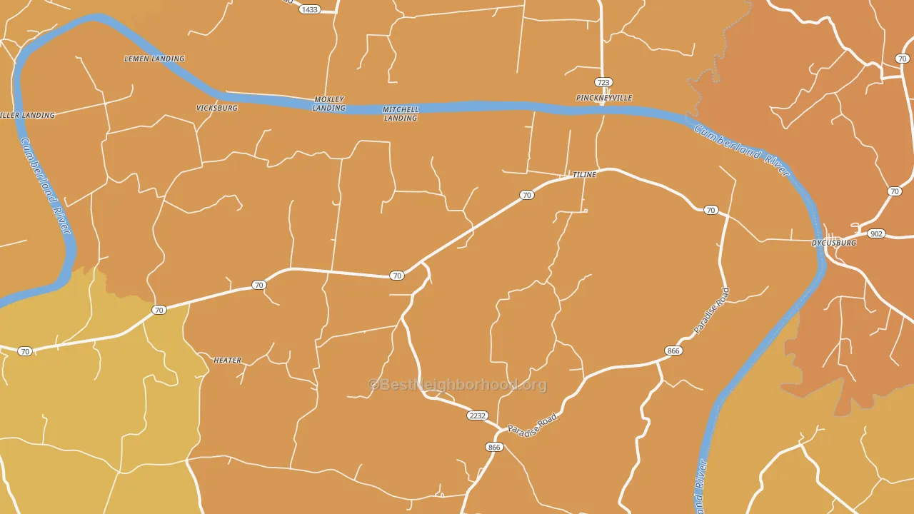 Map of the best neighborhoods in the 42083 area, with better matches in green and worse matches in red