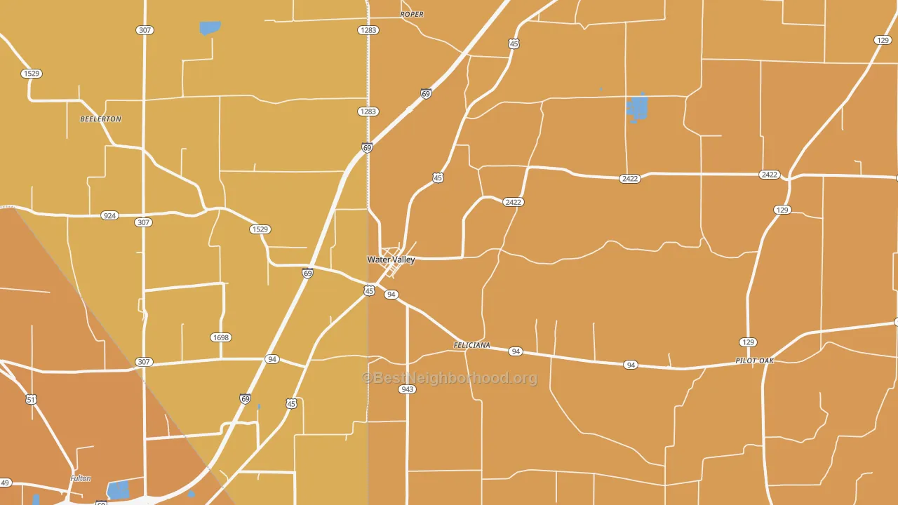 Map of the best neighborhoods in the 42085 area, with better matches in green and worse matches in red