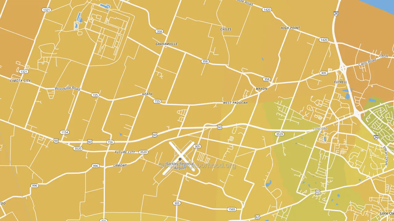 Map of the best neighborhoods in the 42086 area, with better matches in green and worse matches in red