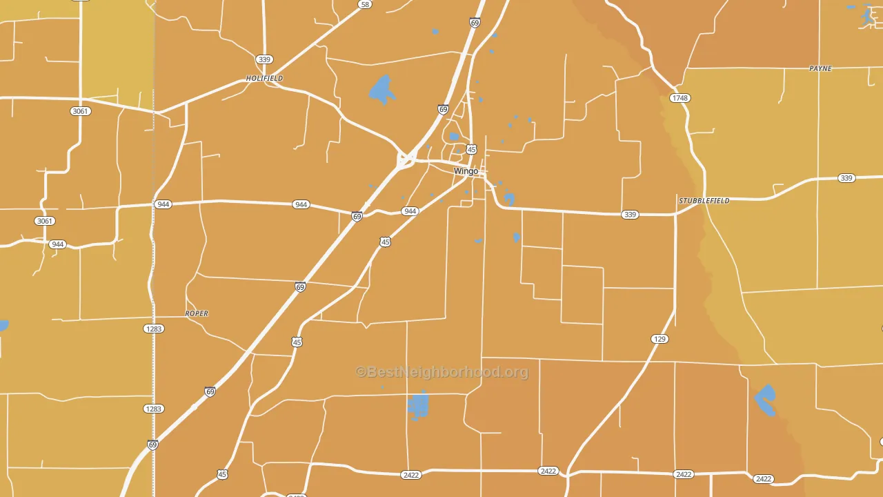 Map of the best neighborhoods in the 42088 area, with better matches in green and worse matches in red