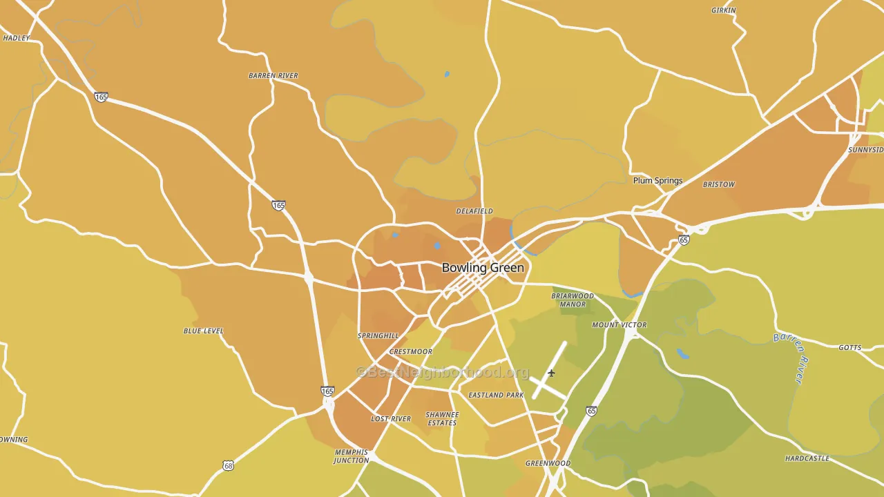 Map of the best neighborhoods in the 42101 area, with better matches in green and worse matches in red