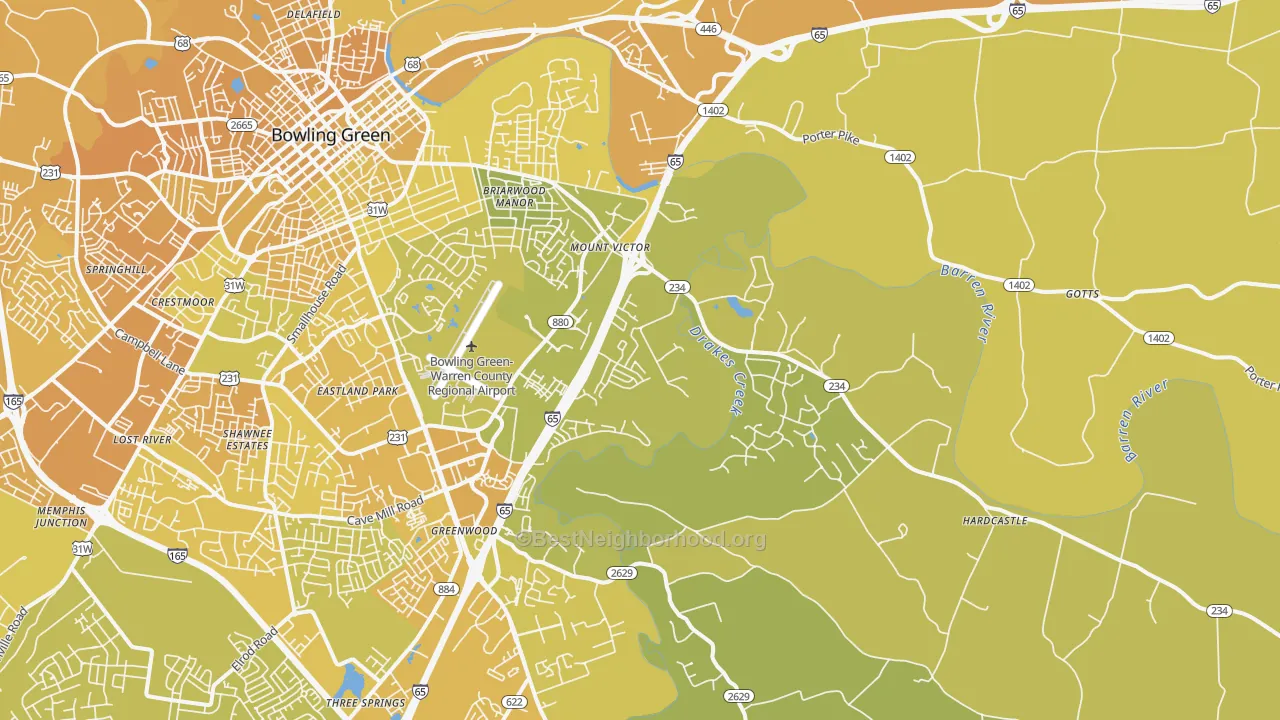 Map of the best neighborhoods in the 42103 area, with better matches in green and worse matches in red