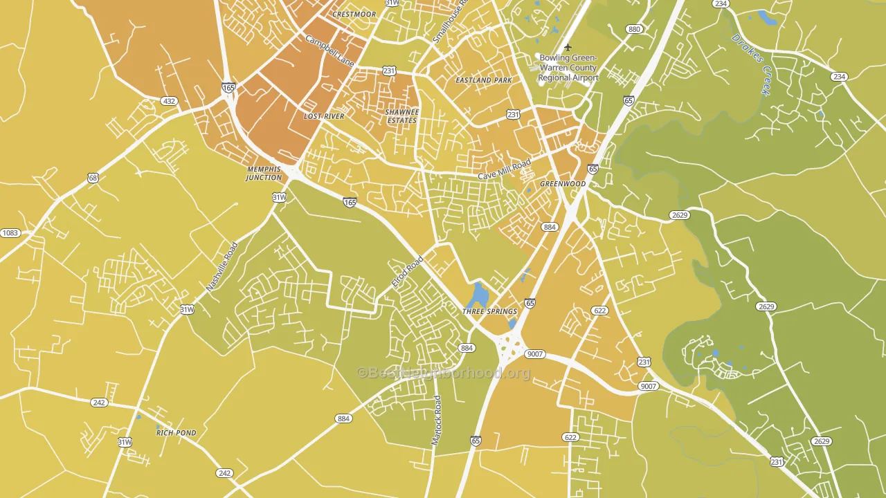 Map of the best neighborhoods in the 42104 area, with better matches in green and worse matches in red