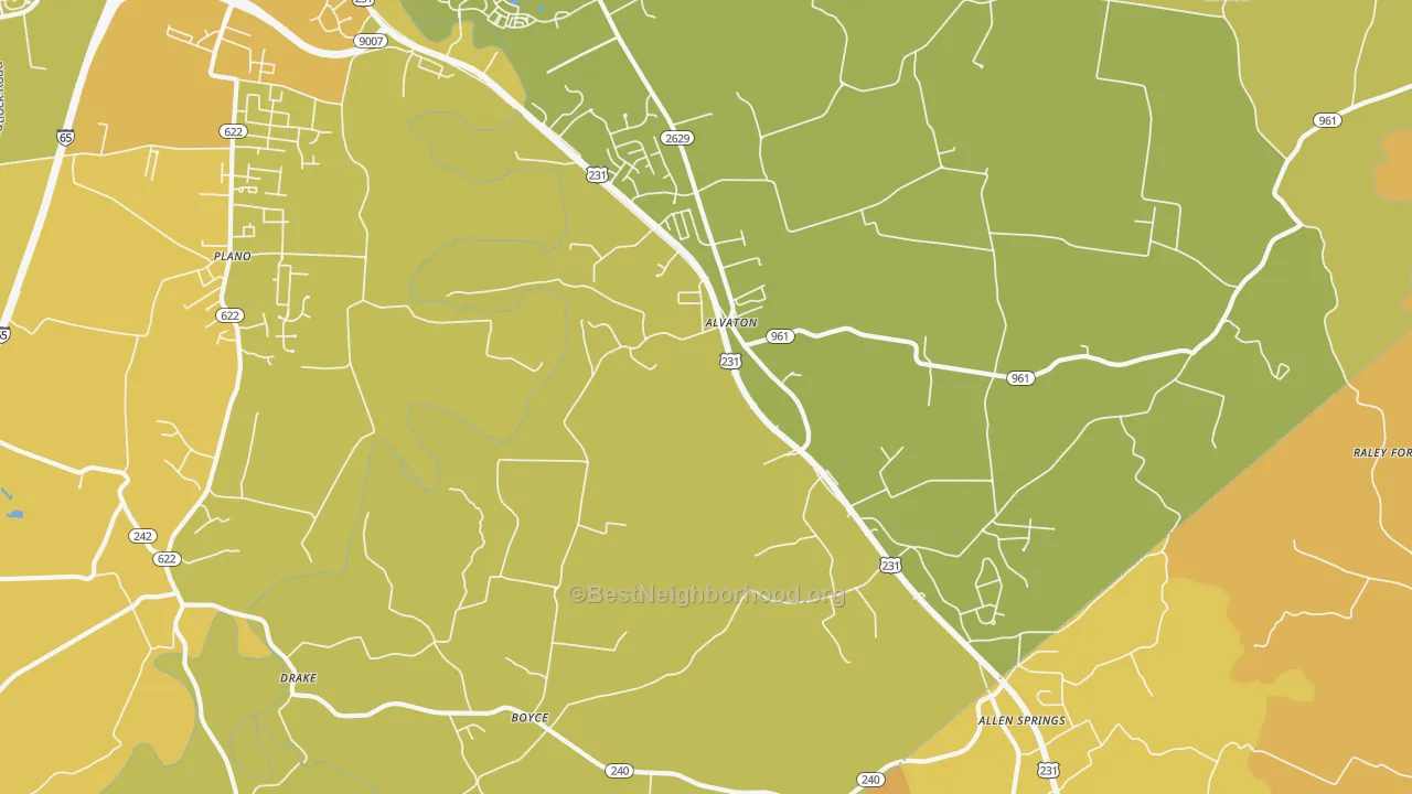 Map of the best neighborhoods in the 42122 area, with better matches in green and worse matches in red