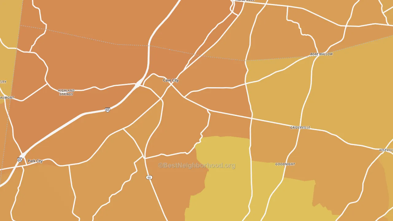 Map of the best neighborhoods in the 42127 area, with better matches in green and worse matches in red