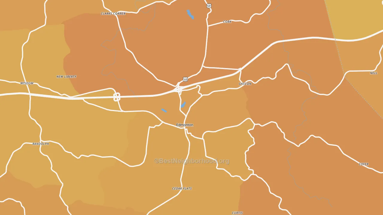 Map of the best neighborhoods in the 42129 area, with better matches in green and worse matches in red