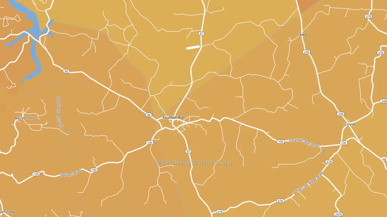 Map of the best neighborhoods in the 42133 area, with better matches in green and worse matches in red