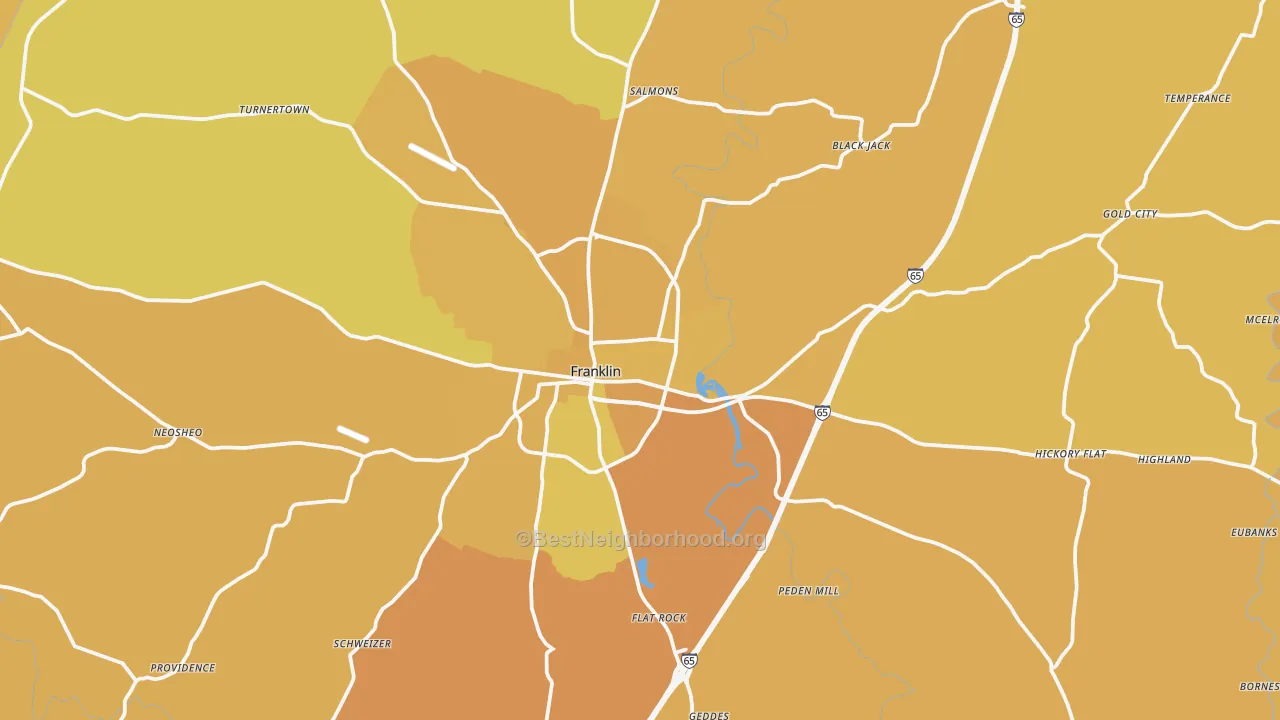 Map of the best neighborhoods in the 42134 area, with better matches in green and worse matches in red