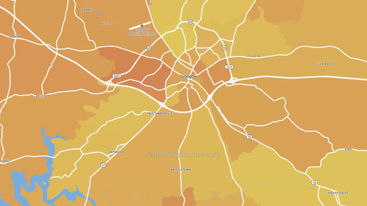 Map of the best neighborhoods in the 42141 area, with better matches in green and worse matches in red