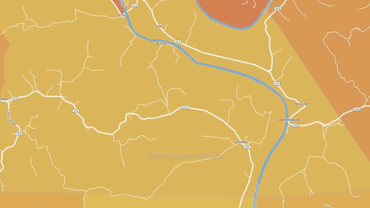 Map of the best neighborhoods in the 42151 area, with better matches in green and worse matches in red