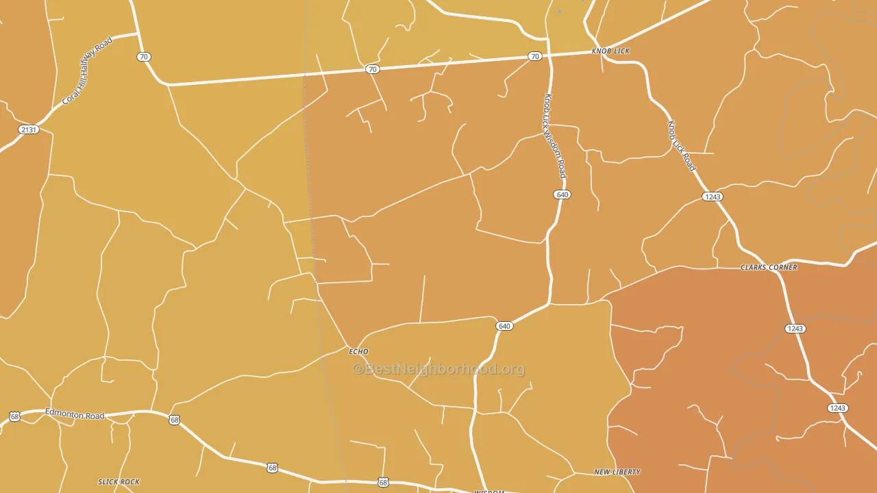 Map of the best neighborhoods in the 42154 area, with better matches in green and worse matches in red
