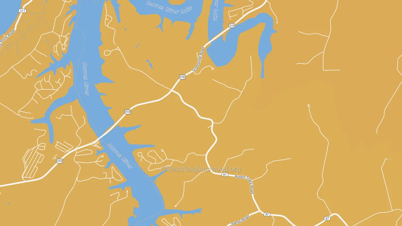 Map of the best neighborhoods in the 42156 area, with better matches in green and worse matches in red