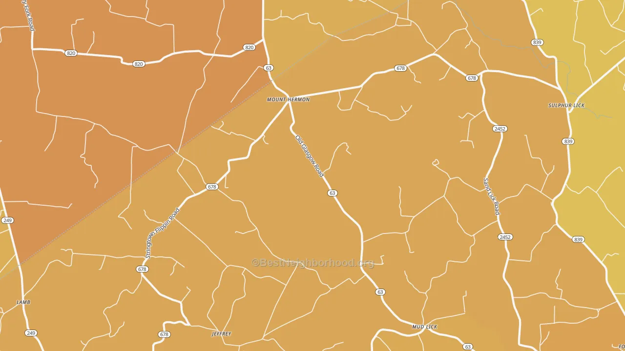 Map of the best neighborhoods in the 42157 area, with better matches in green and worse matches in red