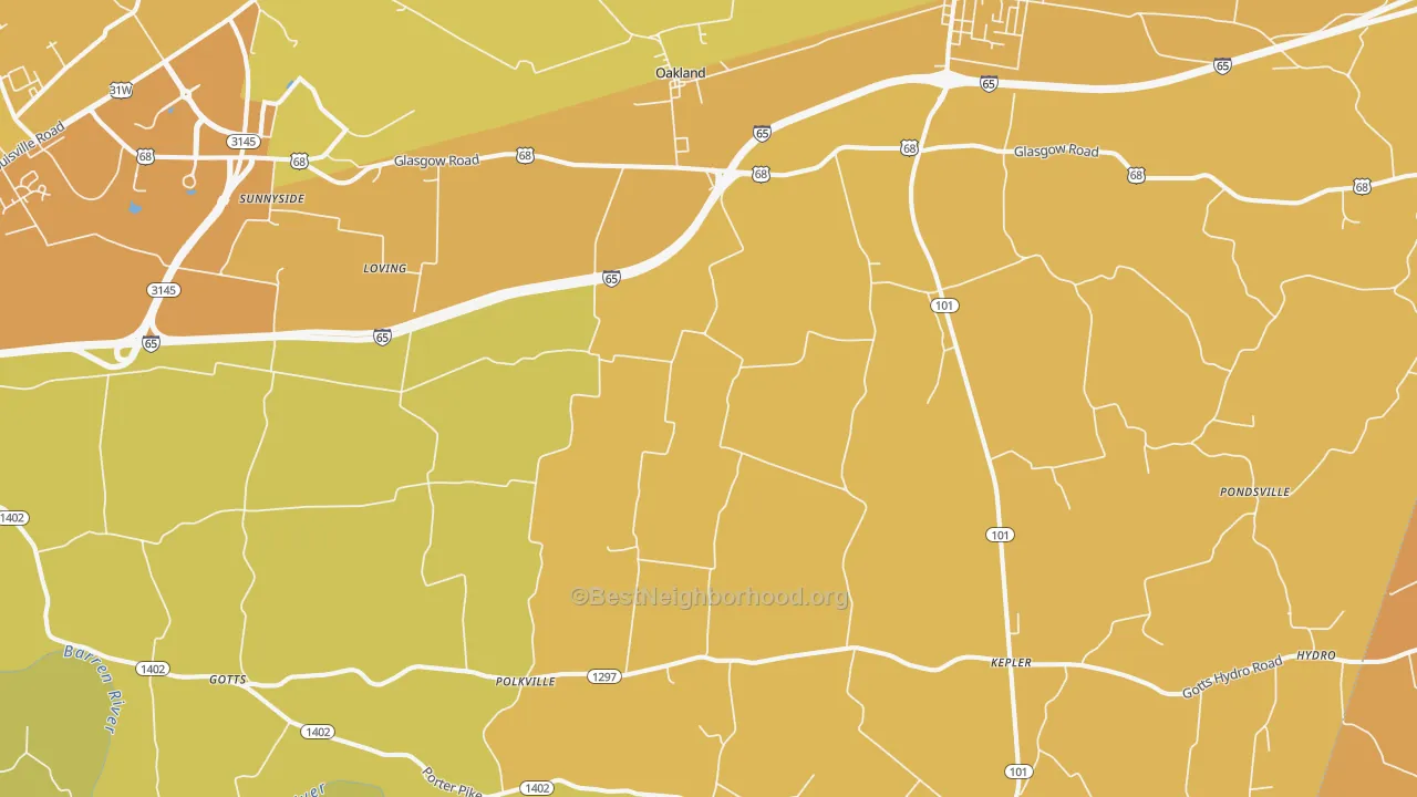 Map of the best neighborhoods in the 42159 area, with better matches in green and worse matches in red