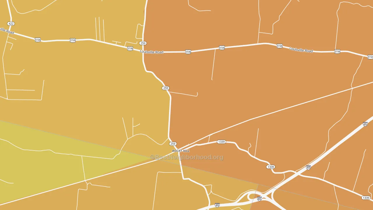 Map of the best neighborhoods in the 42163 area, with better matches in green and worse matches in red