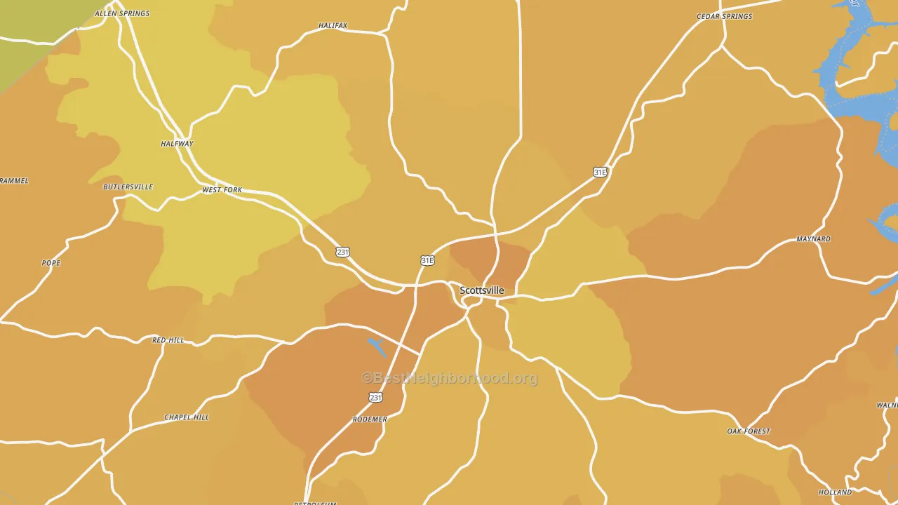 Map of the best neighborhoods in the 42164 area, with better matches in green and worse matches in red