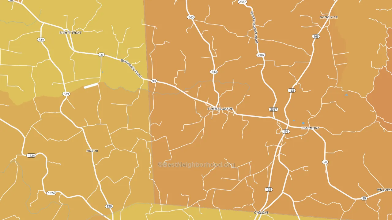 Map of the best neighborhoods in the 42166 area, with better matches in green and worse matches in red