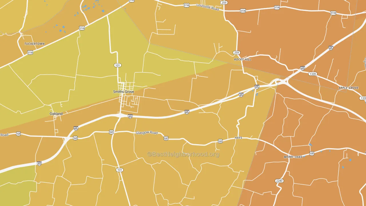 Map of the best neighborhoods in the 42171 area, with better matches in green and worse matches in red