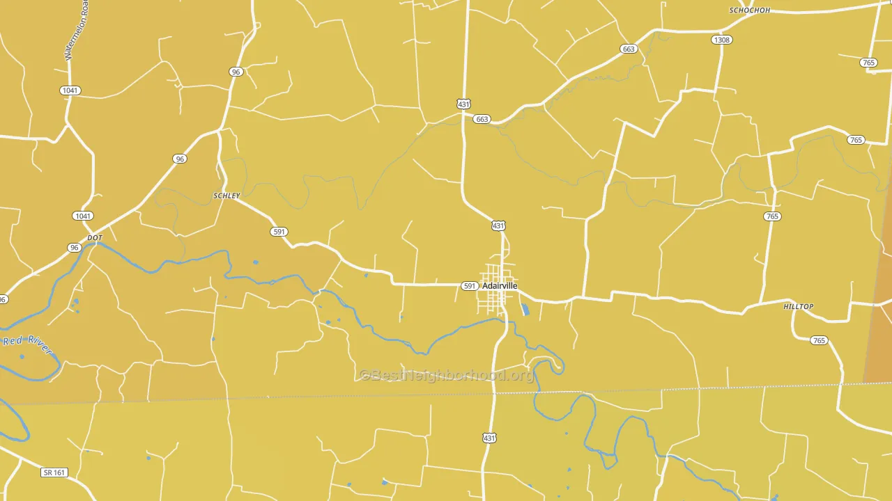 Map of the best neighborhoods in the 42202 area, with better matches in green and worse matches in red