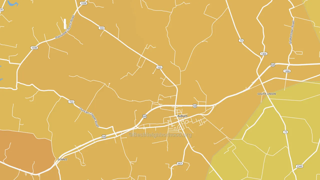 Map of the best neighborhoods in the 42206 area, with better matches in green and worse matches in red