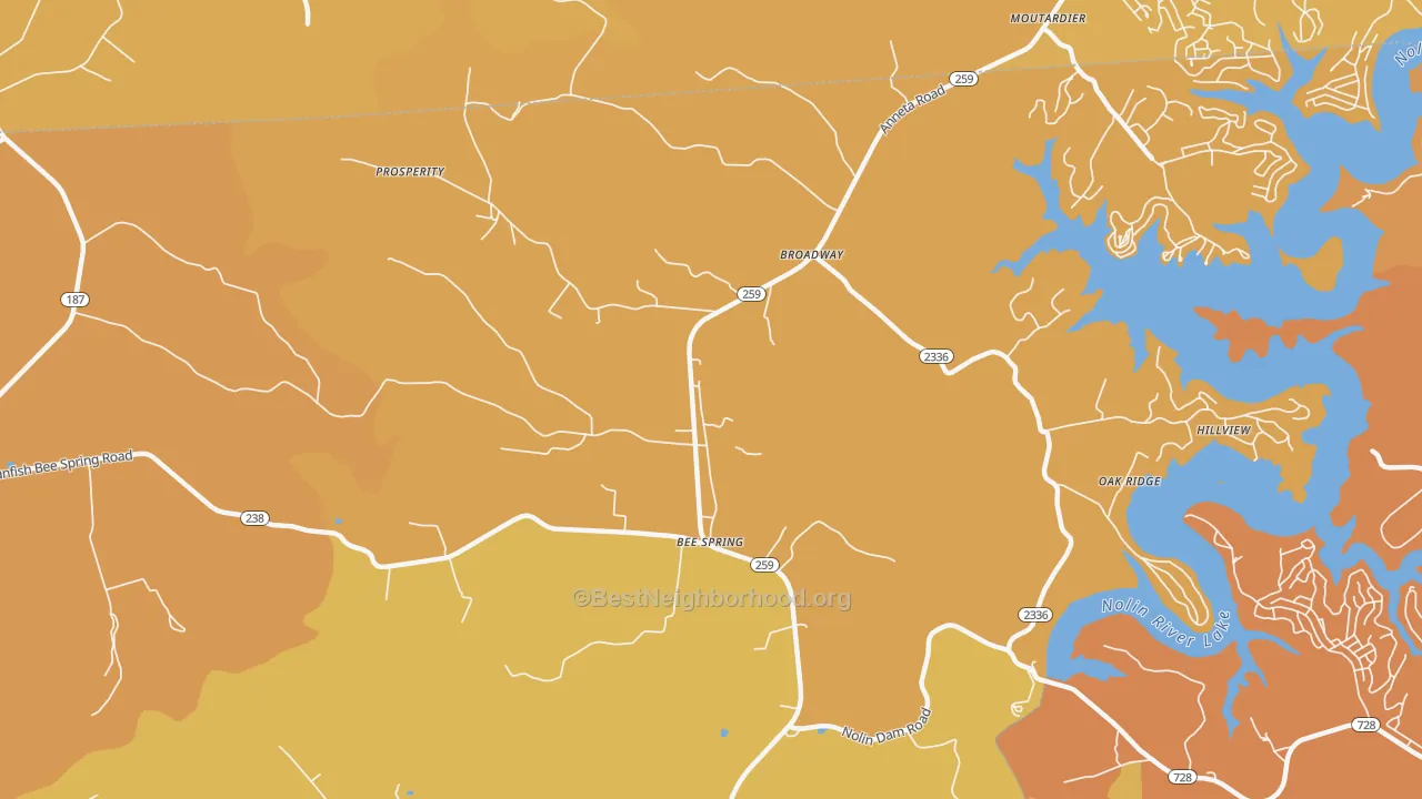 Map of the best neighborhoods in the 42207 area, with better matches in green and worse matches in red