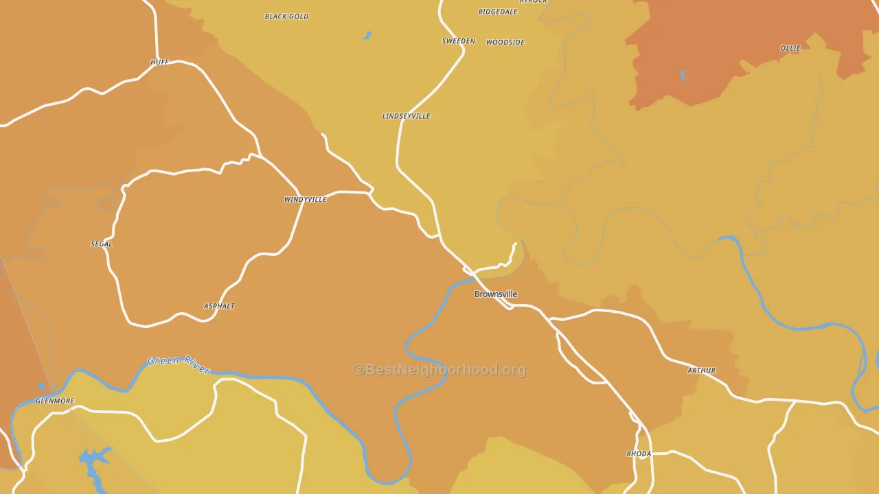 Map of the best neighborhoods in the 42210 area, with better matches in green and worse matches in red