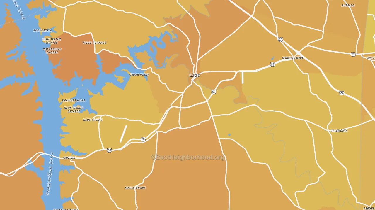 Map of the best neighborhoods in the 42211 area, with better matches in green and worse matches in red