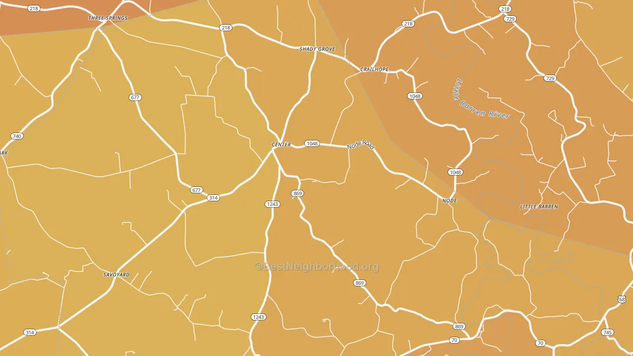 Map of the best neighborhoods in the 42214 area, with better matches in green and worse matches in red