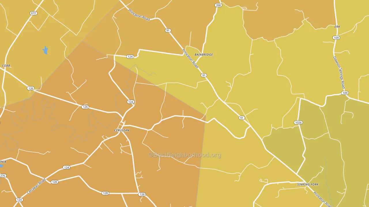 Map of the best neighborhoods in the 42215 area, with better matches in green and worse matches in red