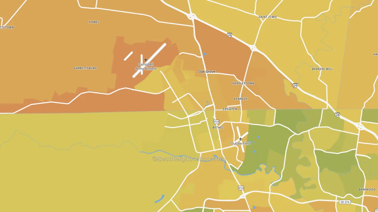 Map of the best neighborhoods in the 42223 area, with better matches in green and worse matches in red