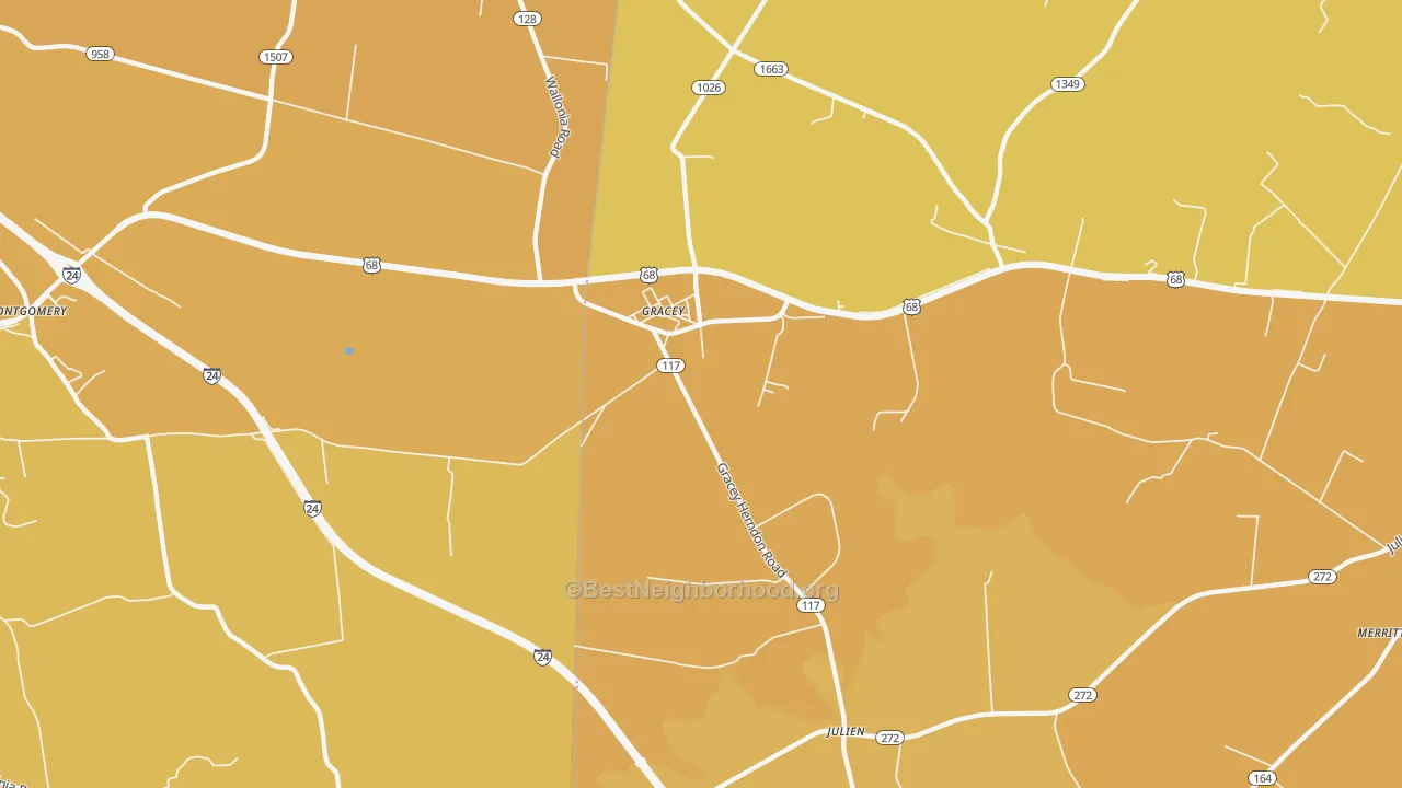 Map of the best neighborhoods in the 42232 area, with better matches in green and worse matches in red