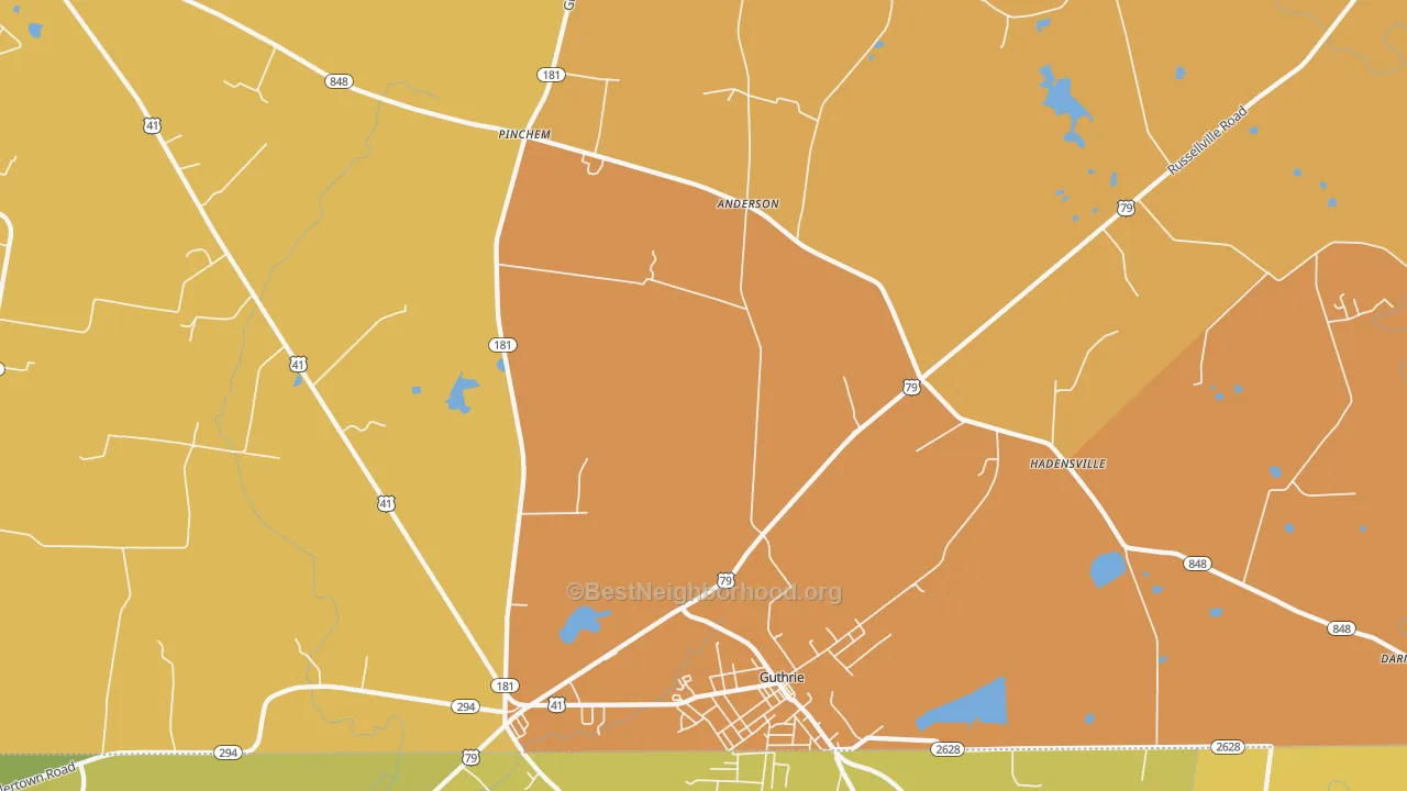 Map of the best neighborhoods in the 42234 area, with better matches in green and worse matches in red