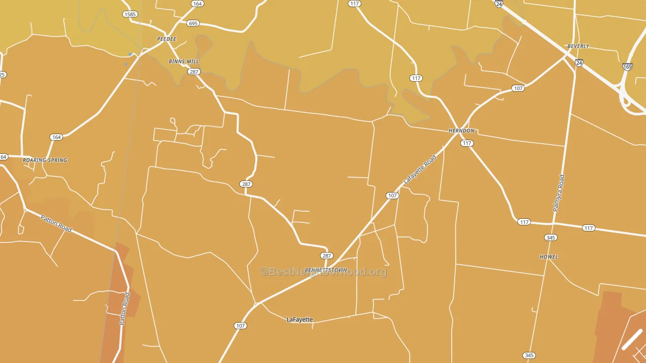 Map of the best neighborhoods in the 42236 area, with better matches in green and worse matches in red
