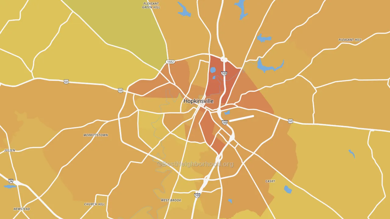 Map of the best neighborhoods in the 42240 area, with better matches in green and worse matches in red