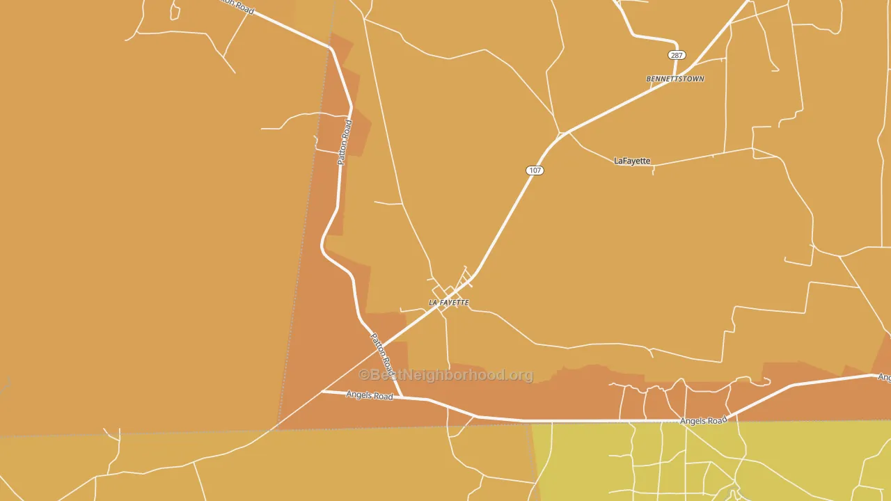 Map of the best neighborhoods in the 42254 area, with better matches in green and worse matches in red