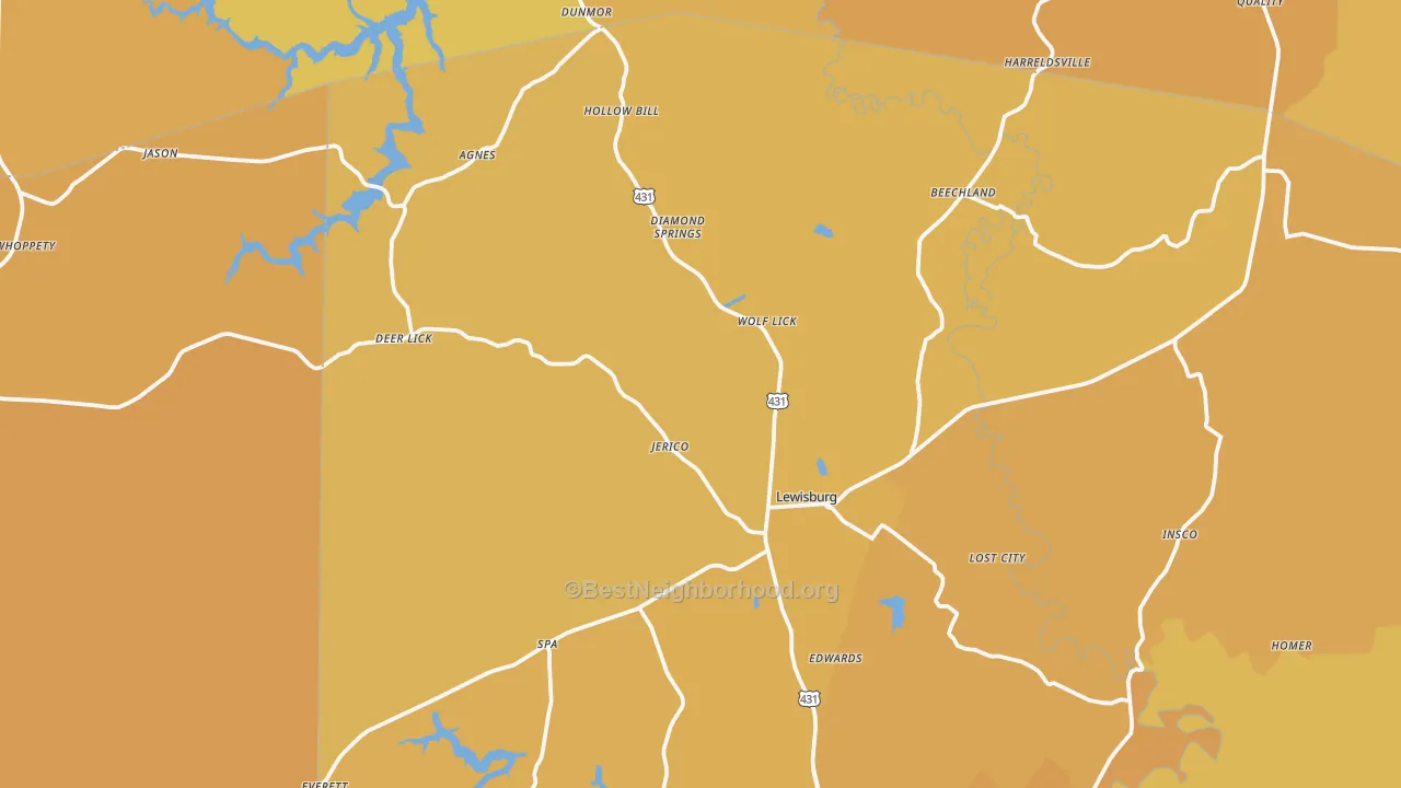 Map of the best neighborhoods in the 42256 area, with better matches in green and worse matches in red