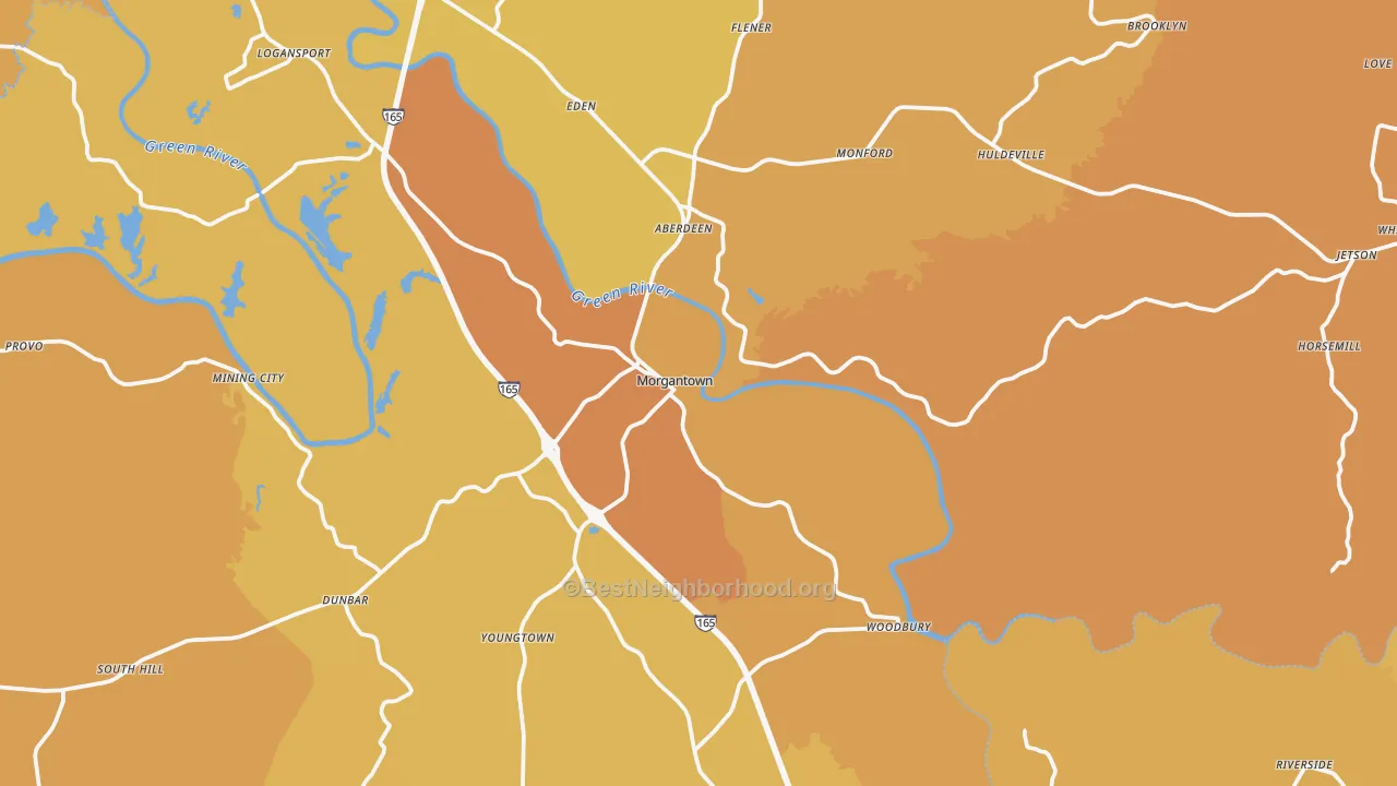 Map of the best neighborhoods in the 42261 area, with better matches in green and worse matches in red