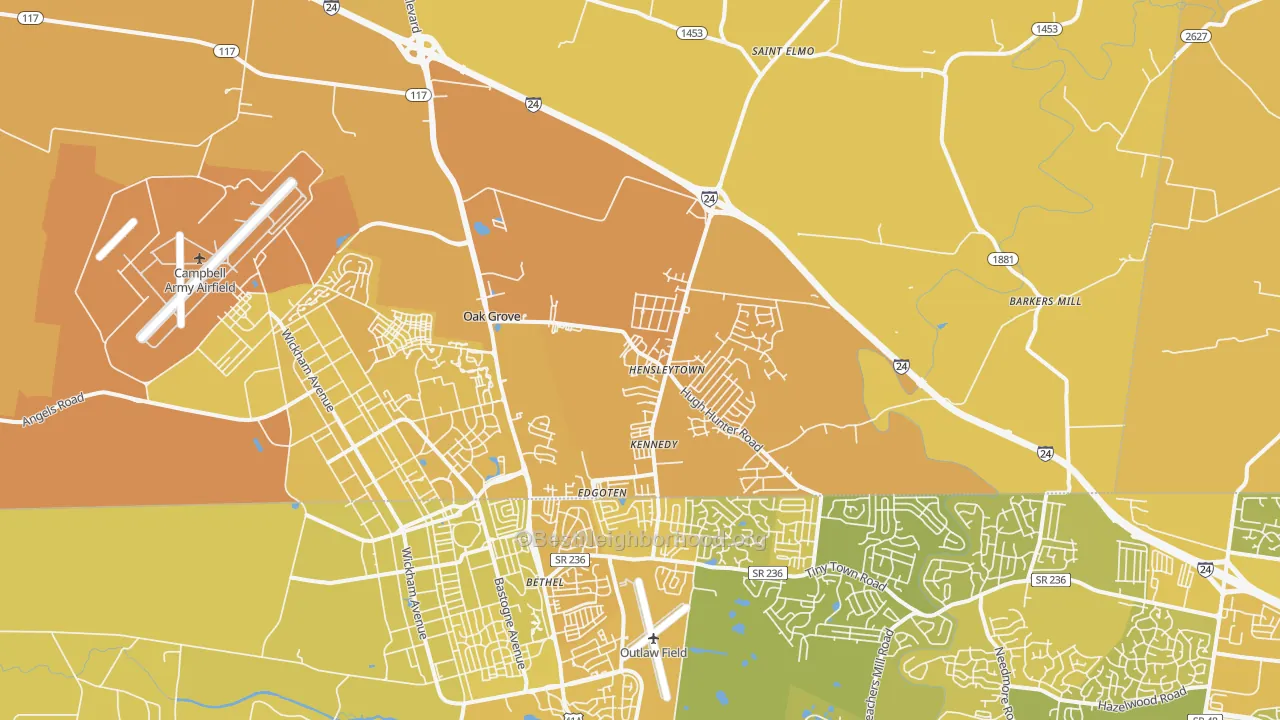 Map of the best neighborhoods in the 42262 area, with better matches in green and worse matches in red