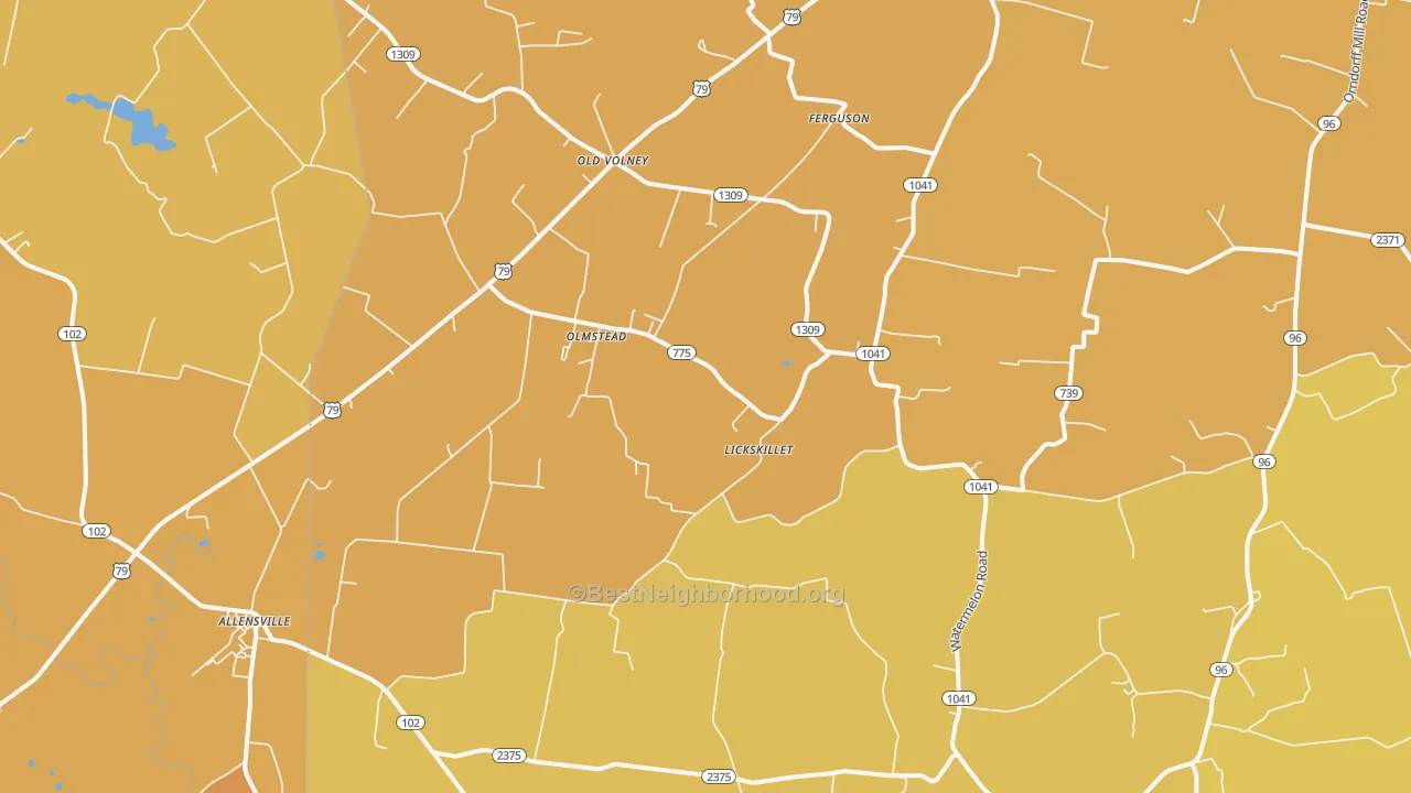 Map of the best neighborhoods in the 42265 area, with better matches in green and worse matches in red