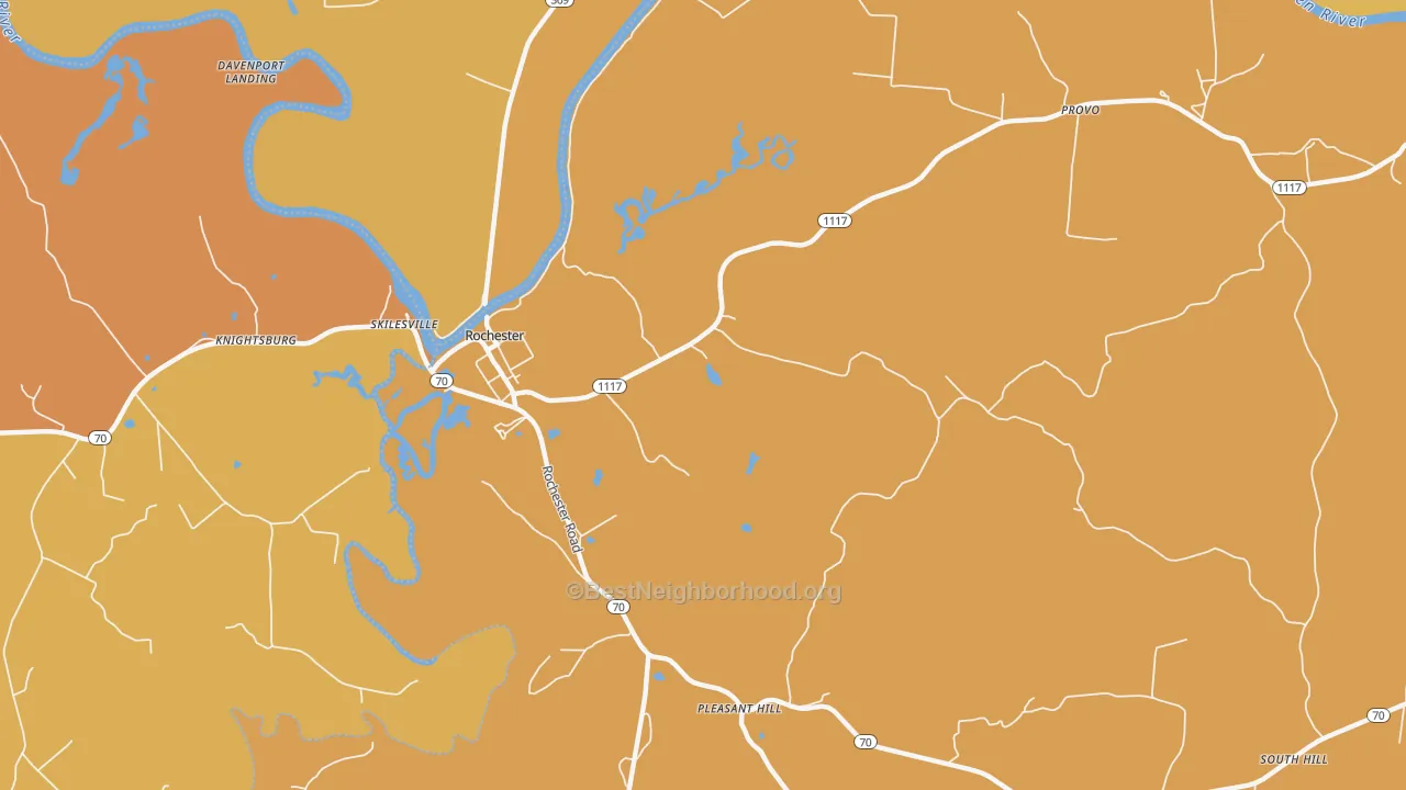 Map of the best neighborhoods in the 42273 area, with better matches in green and worse matches in red