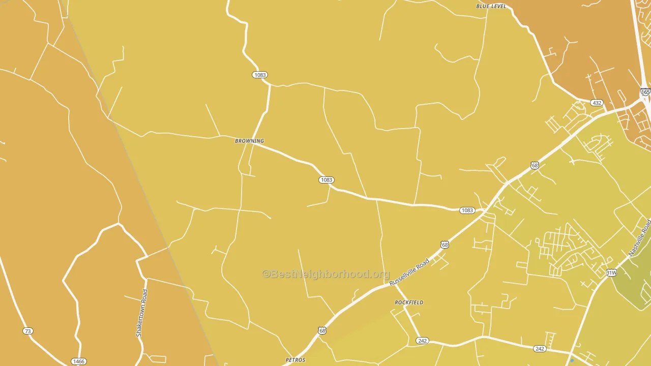 Map of the best neighborhoods in the 42274 area, with better matches in green and worse matches in red