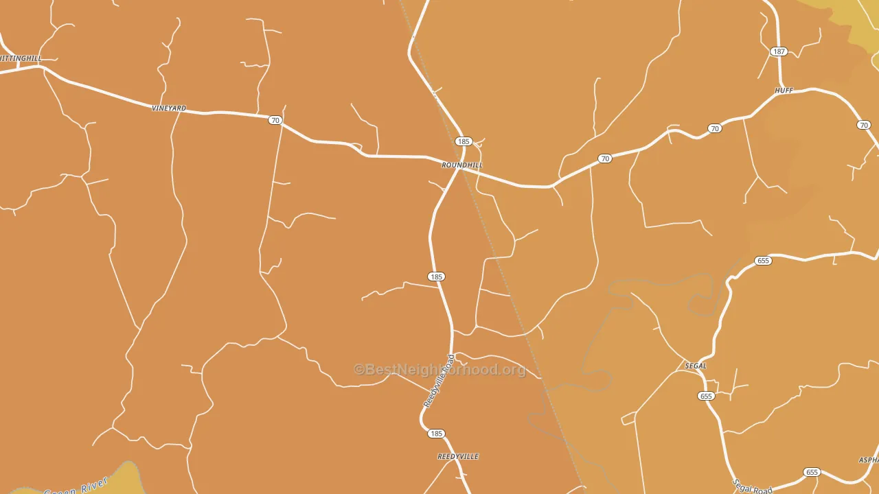 Map of the best neighborhoods in the 42275 area, with better matches in green and worse matches in red