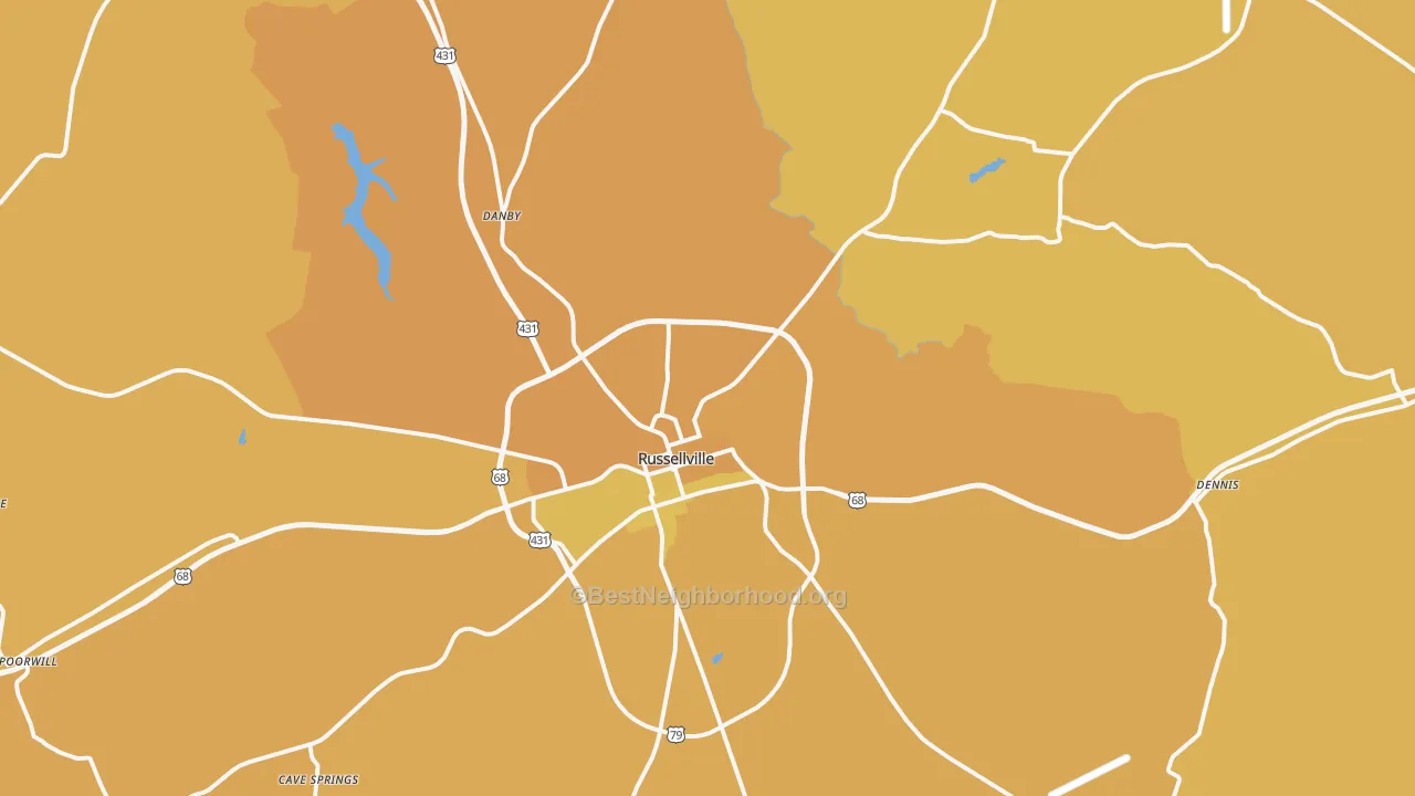 Map of the best neighborhoods in the 42276 area, with better matches in green and worse matches in red