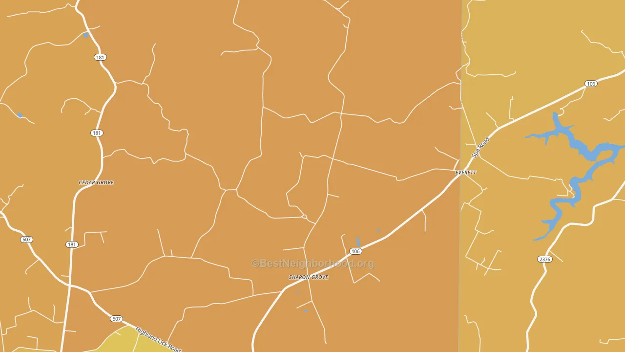 Map of the best neighborhoods in the 42280 area, with better matches in green and worse matches in red