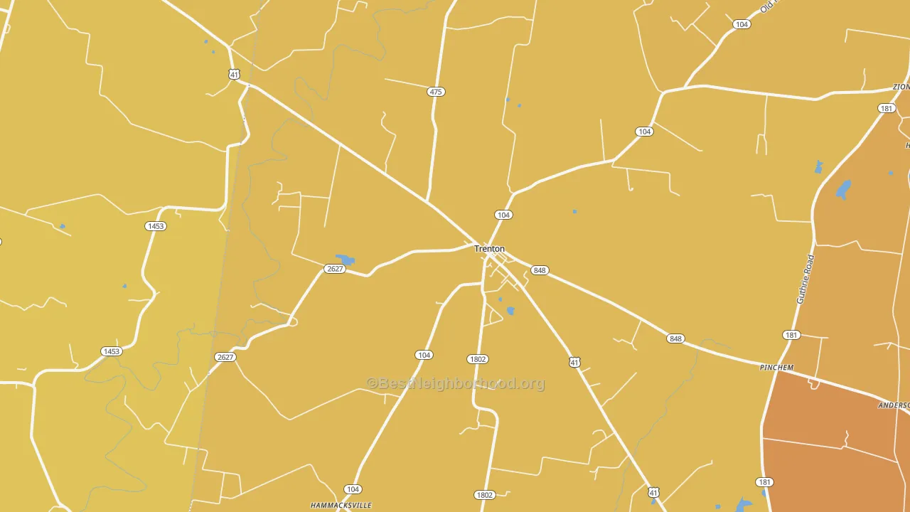 Map of the best neighborhoods in the 42286 area, with better matches in green and worse matches in red