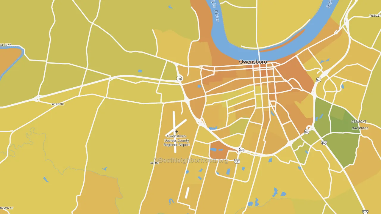Map of the best neighborhoods in the 42301 area, with better matches in green and worse matches in red