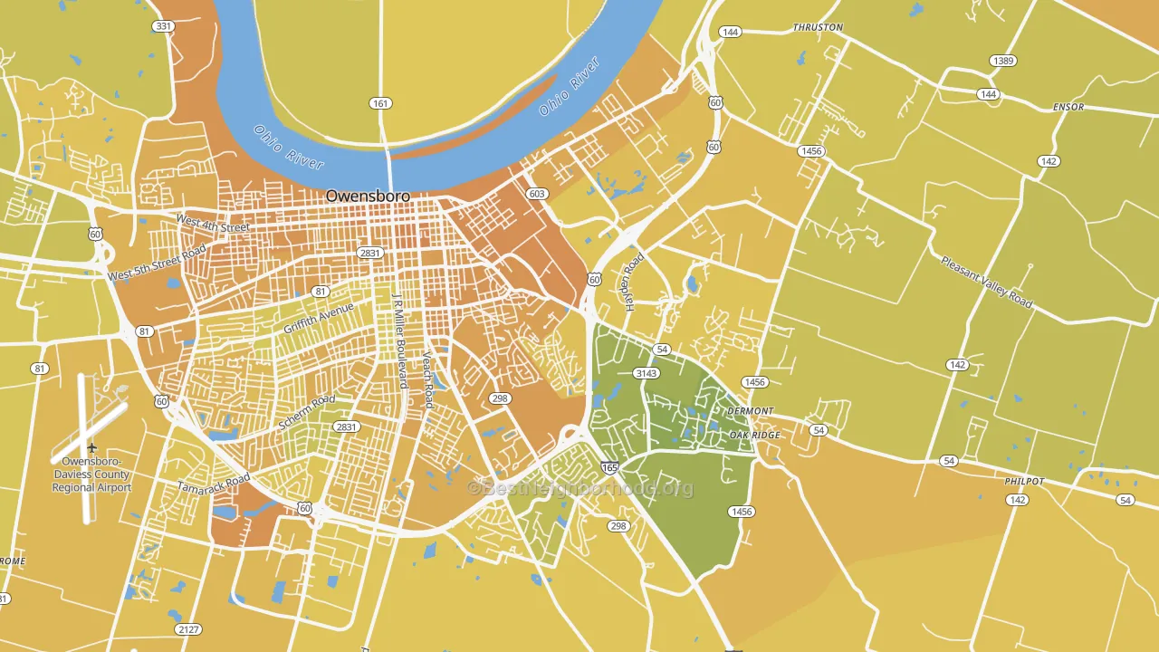 Map of the best neighborhoods in the 42303 area, with better matches in green and worse matches in red