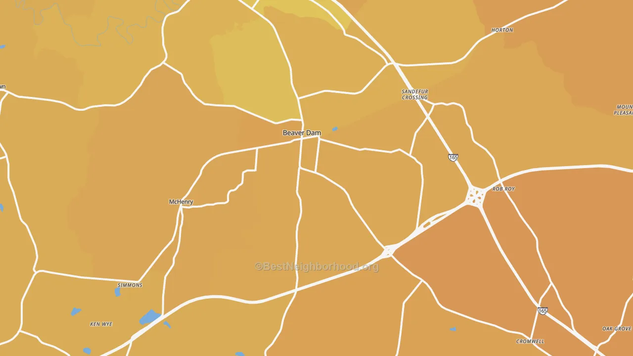 Map of the best neighborhoods in the 42320 area, with better matches in green and worse matches in red